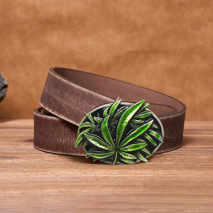 Cintura in pelle con fibbia a forma di pianta d'acero verde fai da te da uomo