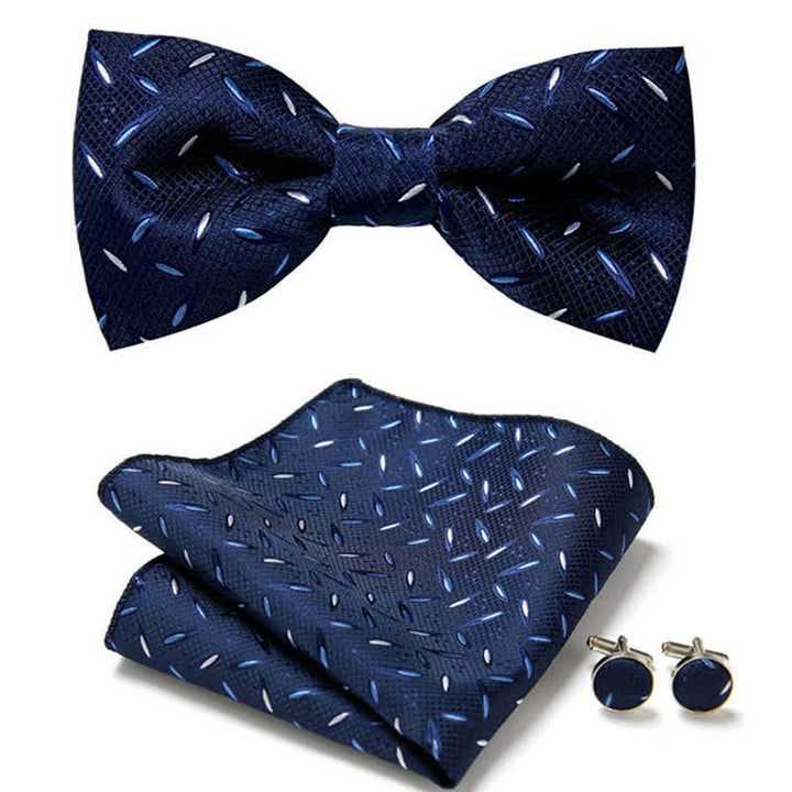Set di 3 gemelli da taschino con fiocco a righe blu navy da uomo