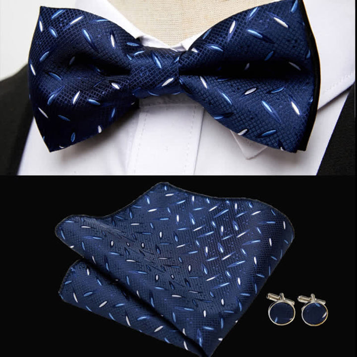Set di 3 gemelli da taschino con fiocco a righe blu navy da uomo