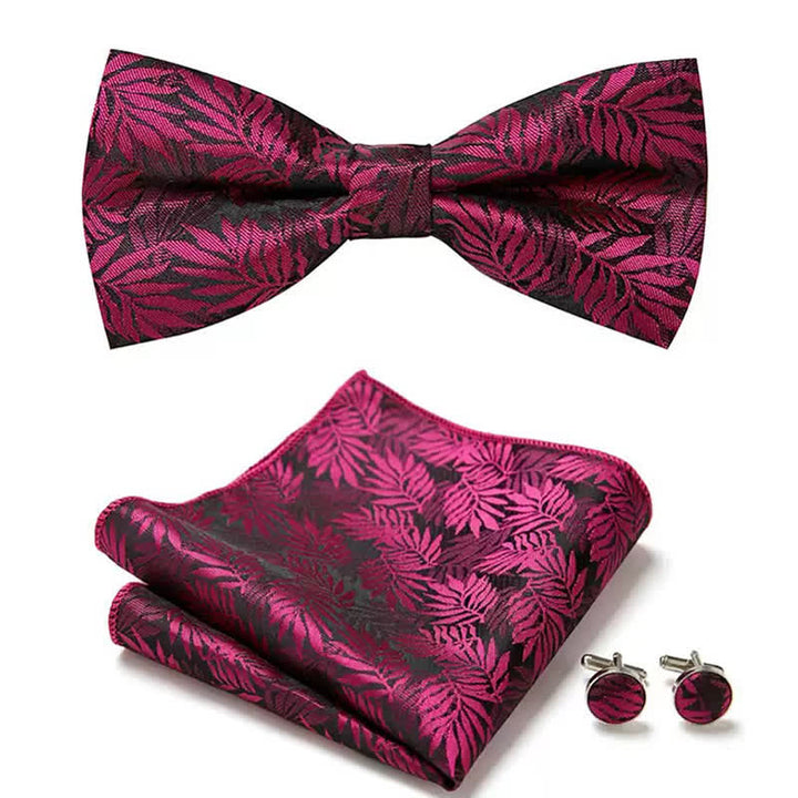 Set di 3 gemelli da taschino con papillon e foglie fucsia da uomo