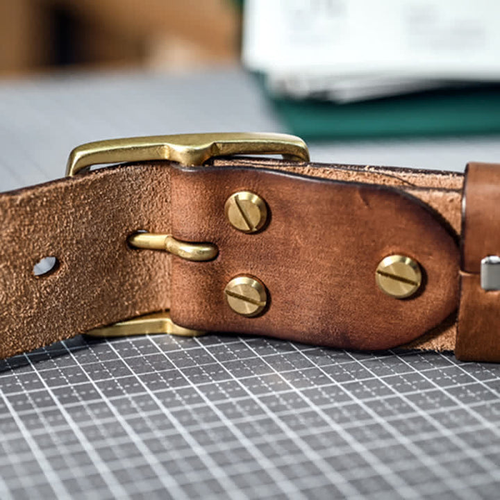 Cintura casual in pelle invecchiata fatta a mano con fibbia in ottone