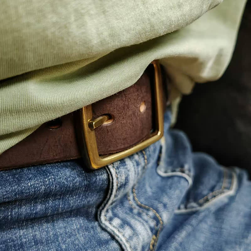 Cintura casual in pelle invecchiata fatta a mano con fibbia in ottone