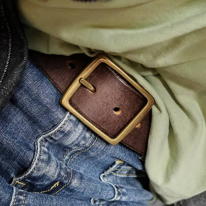 Cintura casual in pelle invecchiata fatta a mano con fibbia in ottone