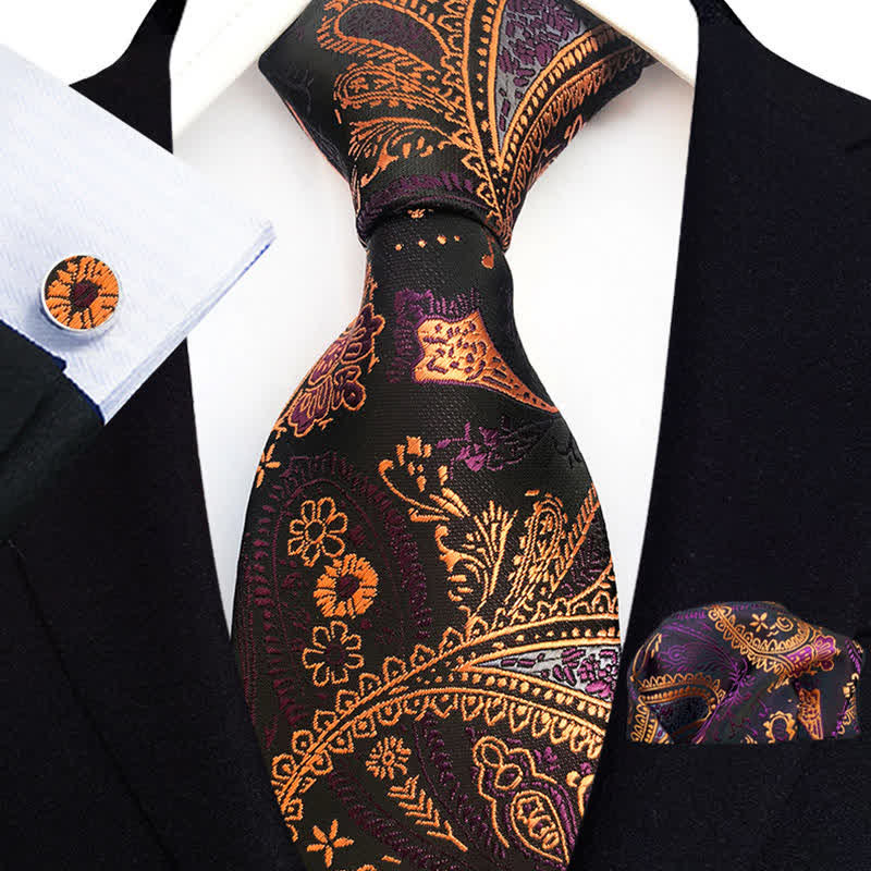 Set di 3 cravatte da uomo con fiori Paisley arancioni, oro e viola