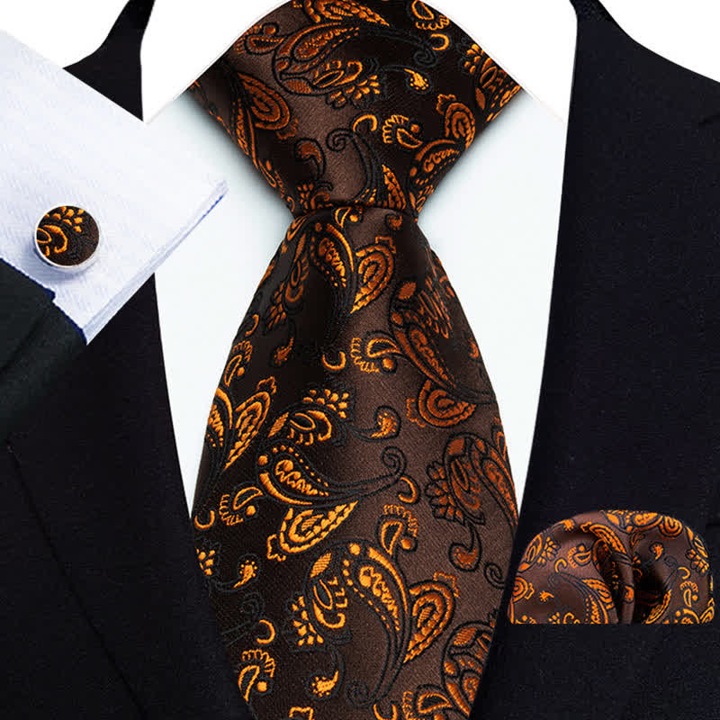 Set di 3 cravatte da uomo in stile Paisley sottile color marrone