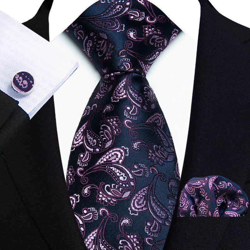 Set di 3 cravatte da uomo con motivo Paisley sottile viola e blu navy