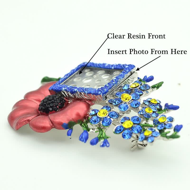 Spilla a forma di fiore di papavero con strass e cornice per foto