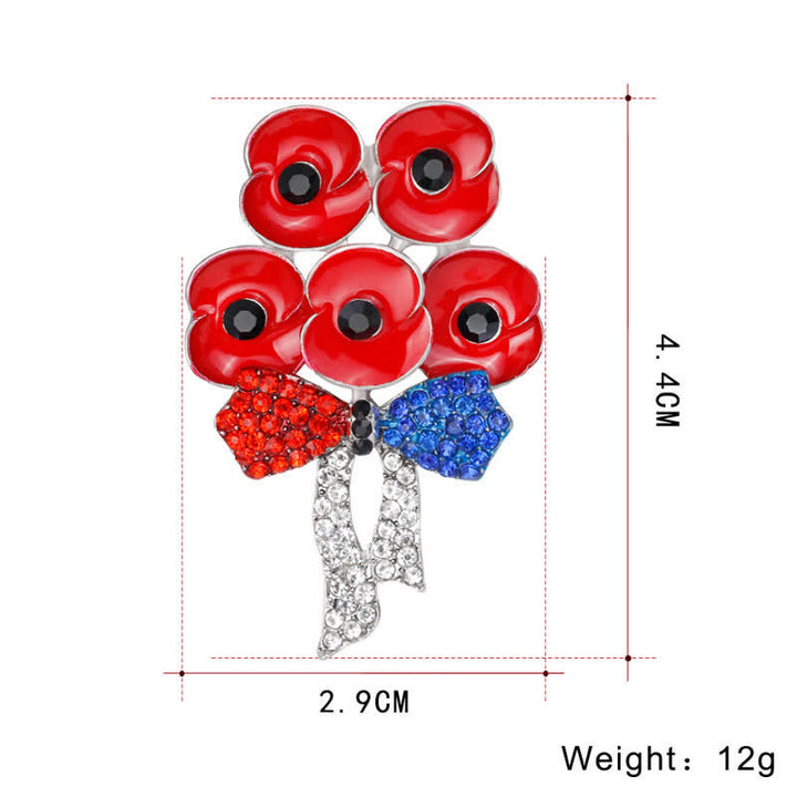 Spilla a forma di fiore con fiocco e strass a forma di cinque papaveri rossi