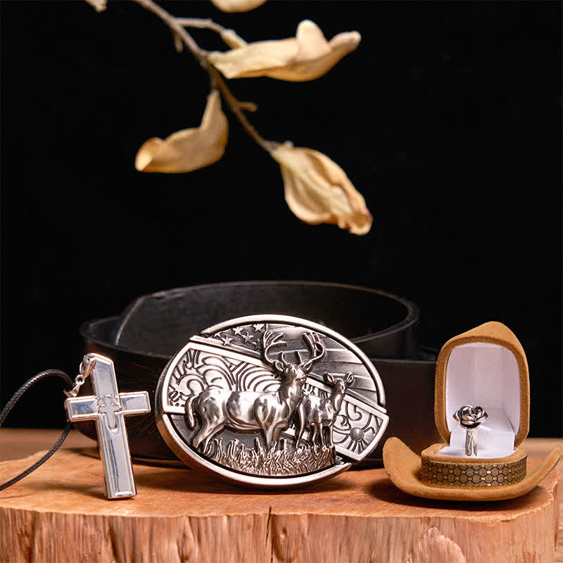 Set creativo fai da te con fibbia per cintura, coltello nascosto a forma di cervo, collana con croce, anello con rosa