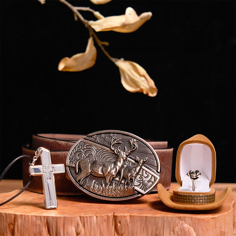 Set creativo fai da te con fibbia per cintura, coltello nascosto a forma di cervo, collana con croce, anello con rosa