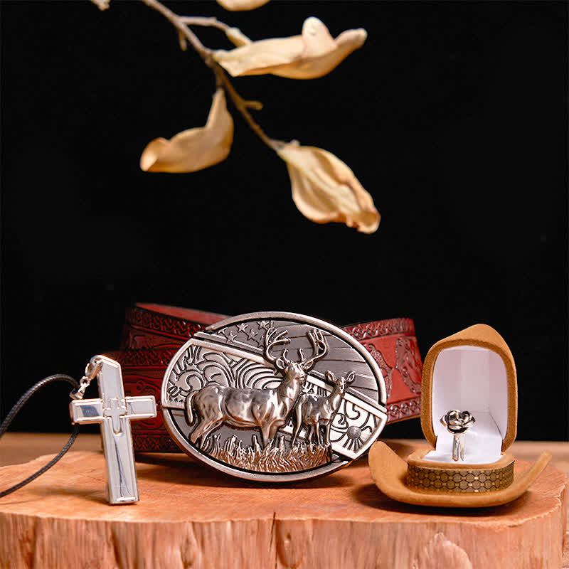 Set creativo fai da te con fibbia per cintura, coltello nascosto a forma di cervo, collana con croce, anello con rosa