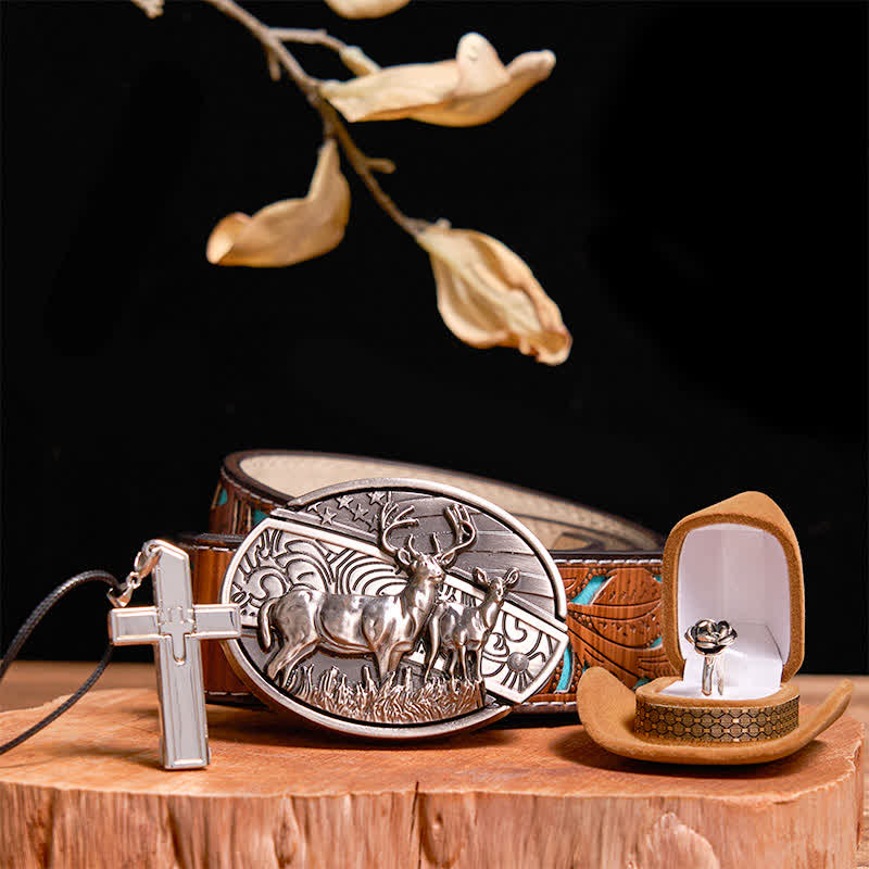 Set creativo fai da te con fibbia per cintura, coltello nascosto a forma di cervo, collana con croce, anello con rosa