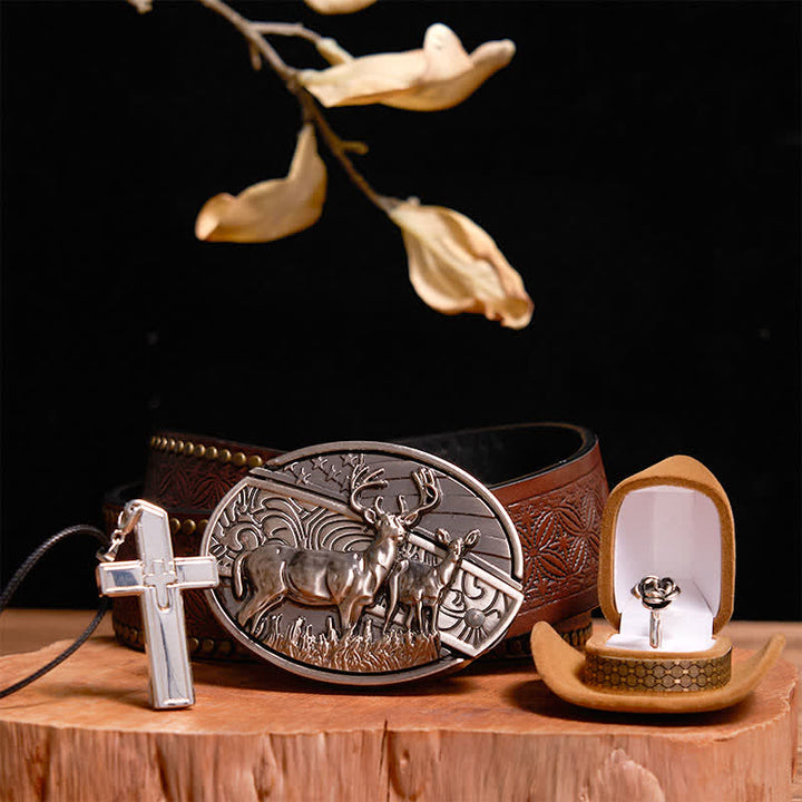 Set creativo fai da te con fibbia per cintura, coltello nascosto a forma di cervo, collana con croce, anello con rosa