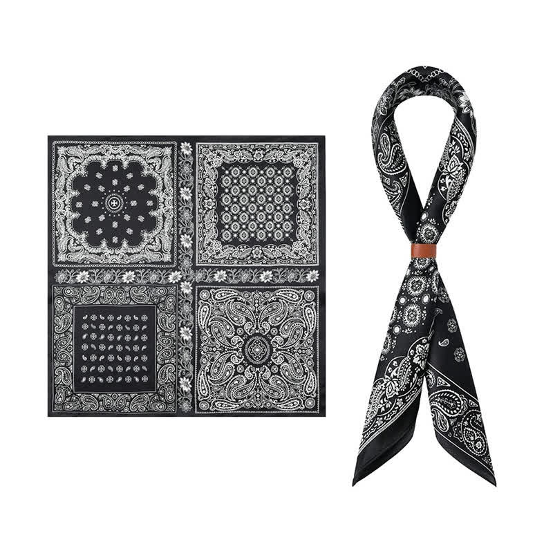 Sciarpa quadrata con motivo a griglia a quattro riquadri Paisley bianco e nero