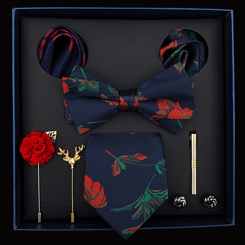 8 pezzi papillon blu navy e rosso da uomo con rosa affascinante, confezione regalo