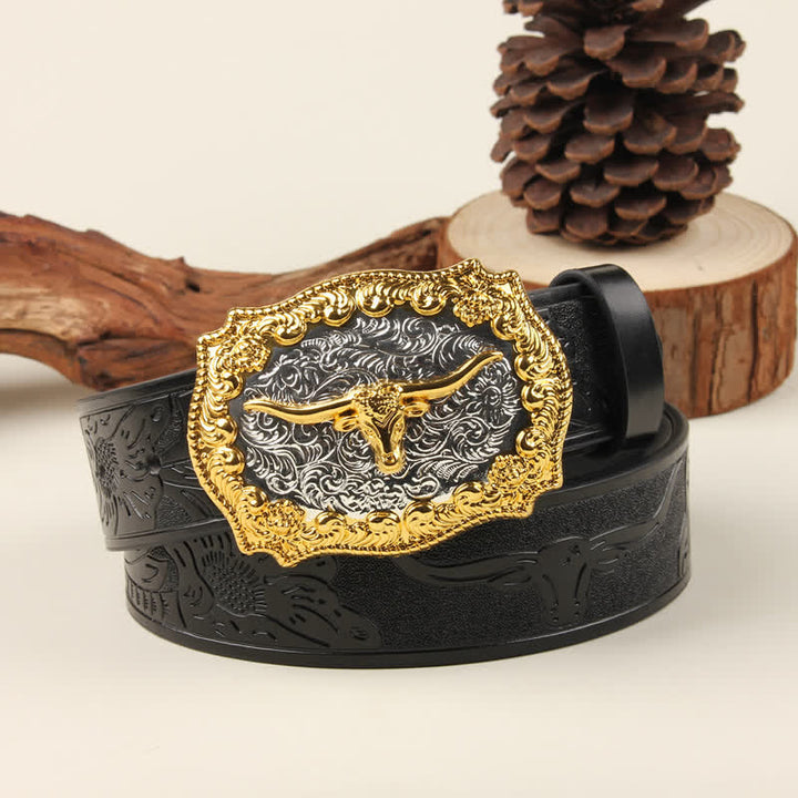 Cintura in pelle con fibbia Western Bull in oro e argento