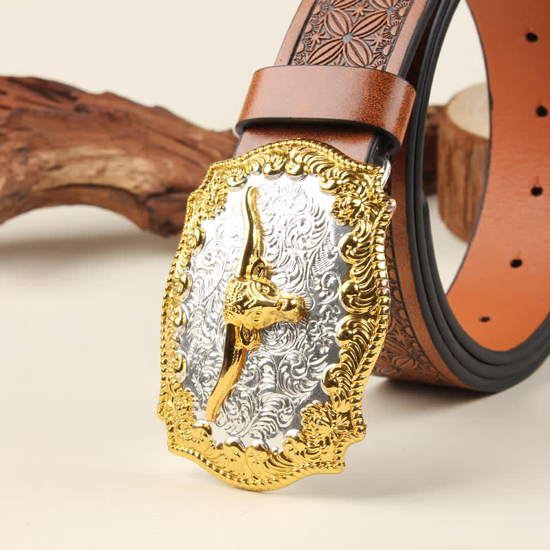 Cintura in pelle con fibbia Western Bull in oro e argento