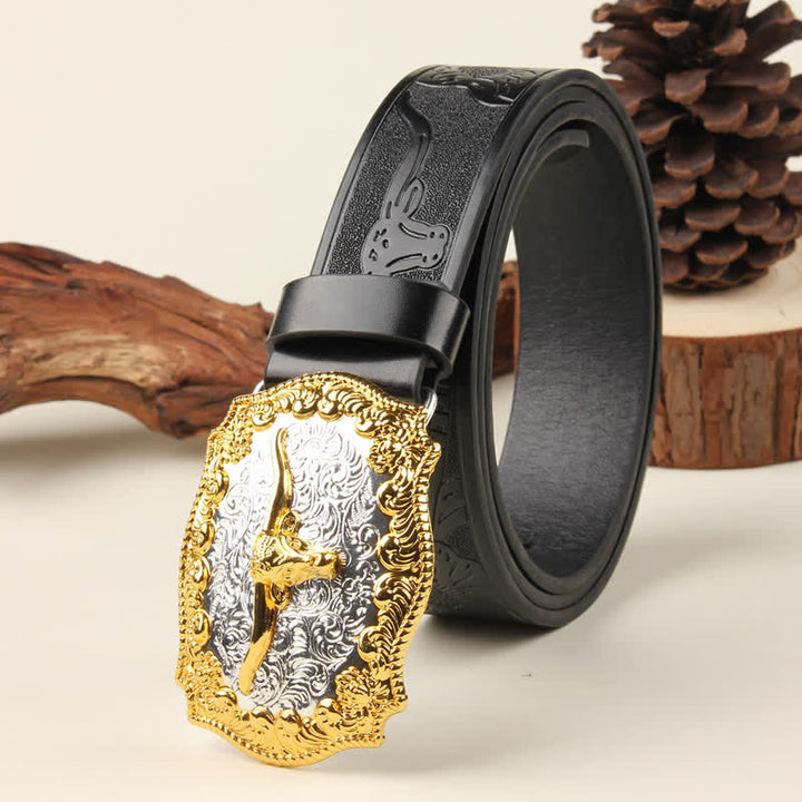 Cintura in pelle con fibbia Western Bull in oro e argento