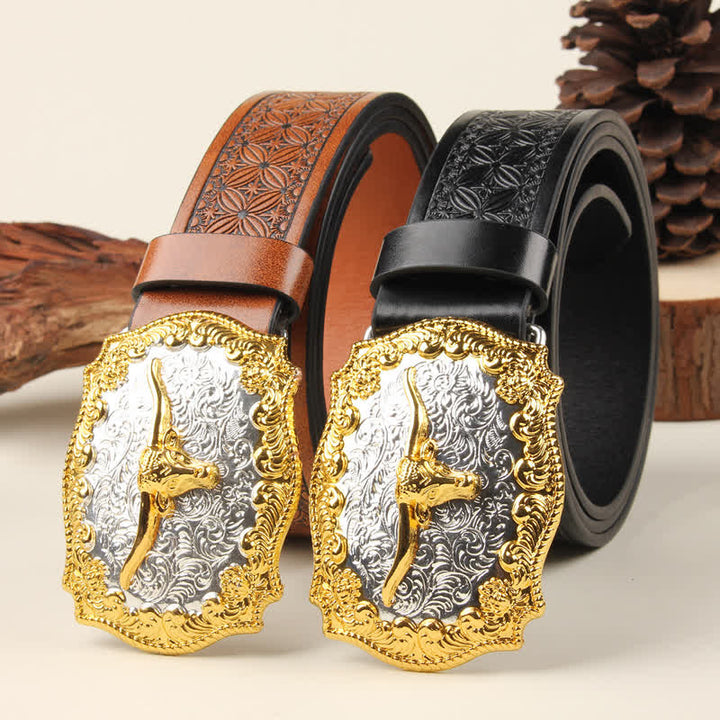 Cintura in pelle con fibbia Western Bull in oro e argento