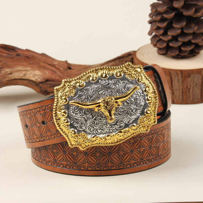 Cintura in pelle con fibbia Western Bull in oro e argento