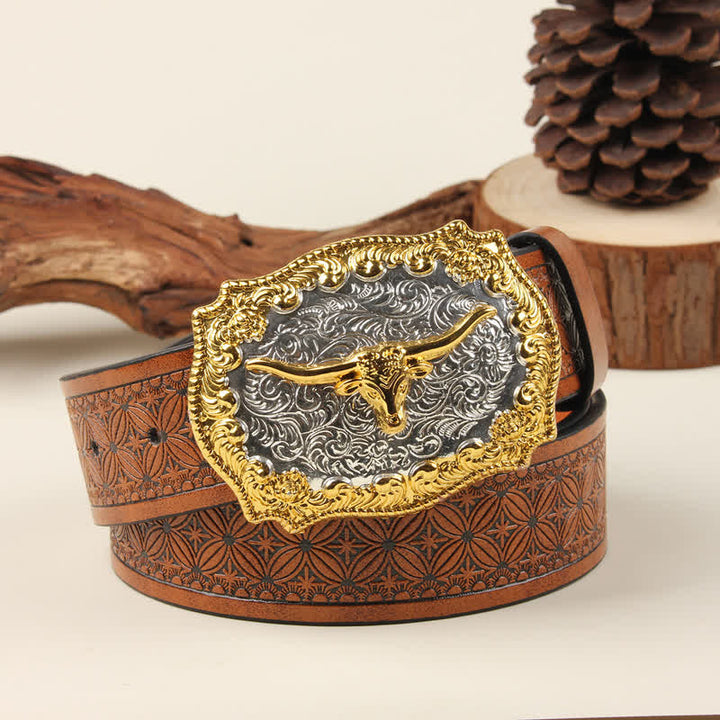 Cintura in pelle con fibbia Western Bull in oro e argento