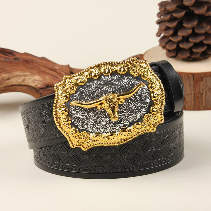 Cintura in pelle con fibbia Western Bull in oro e argento