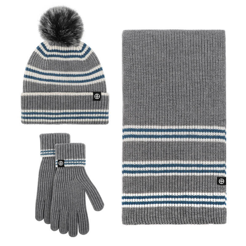 Set di 3 cappelli, sciarpe e guanti lavorati a maglia con motivo a righe unisex e palline di pelo