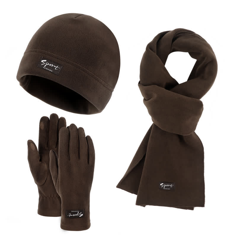 Set di 3 cappelli, sciarpe e guanti in pile polare tinta unita unisex