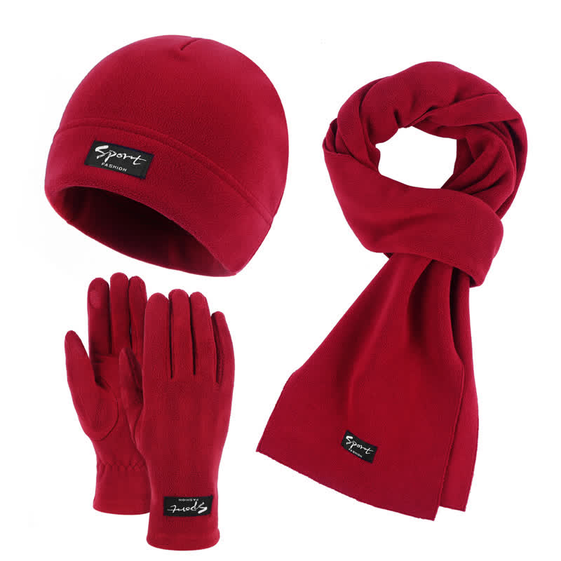 Set di 3 cappelli, sciarpe e guanti in pile polare tinta unita unisex