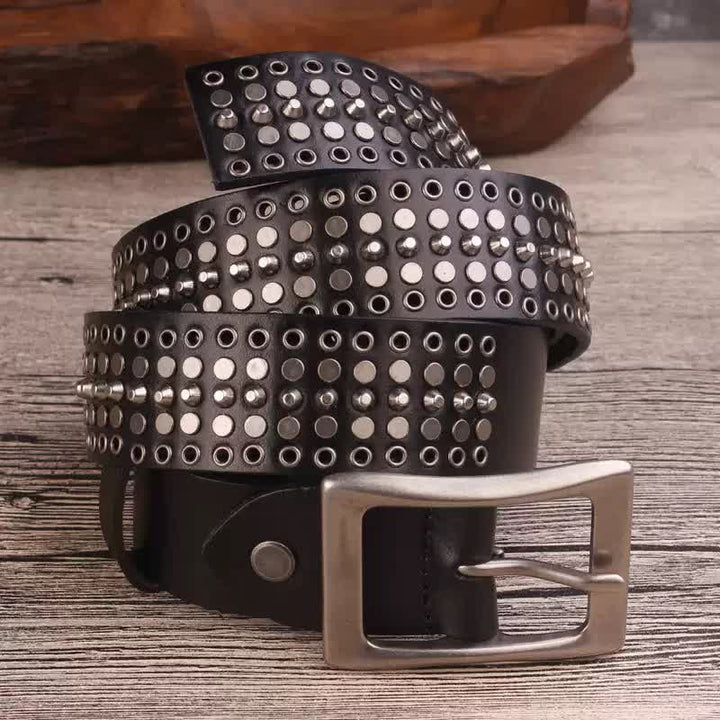 Cintura in pelle con borchie argentate a cinque file Rock