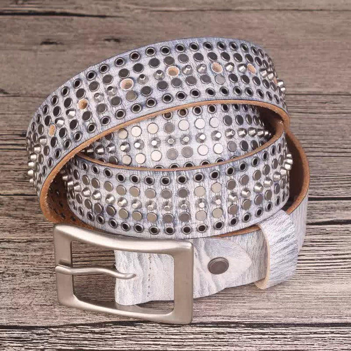 Cintura in pelle con borchie argentate a cinque file Rock