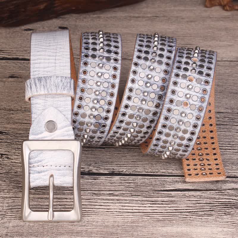 Cintura in pelle con borchie argentate a cinque file Rock