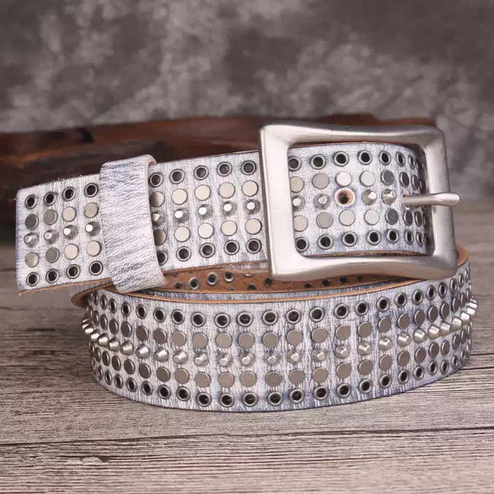 Cintura in pelle con borchie argentate a cinque file Rock