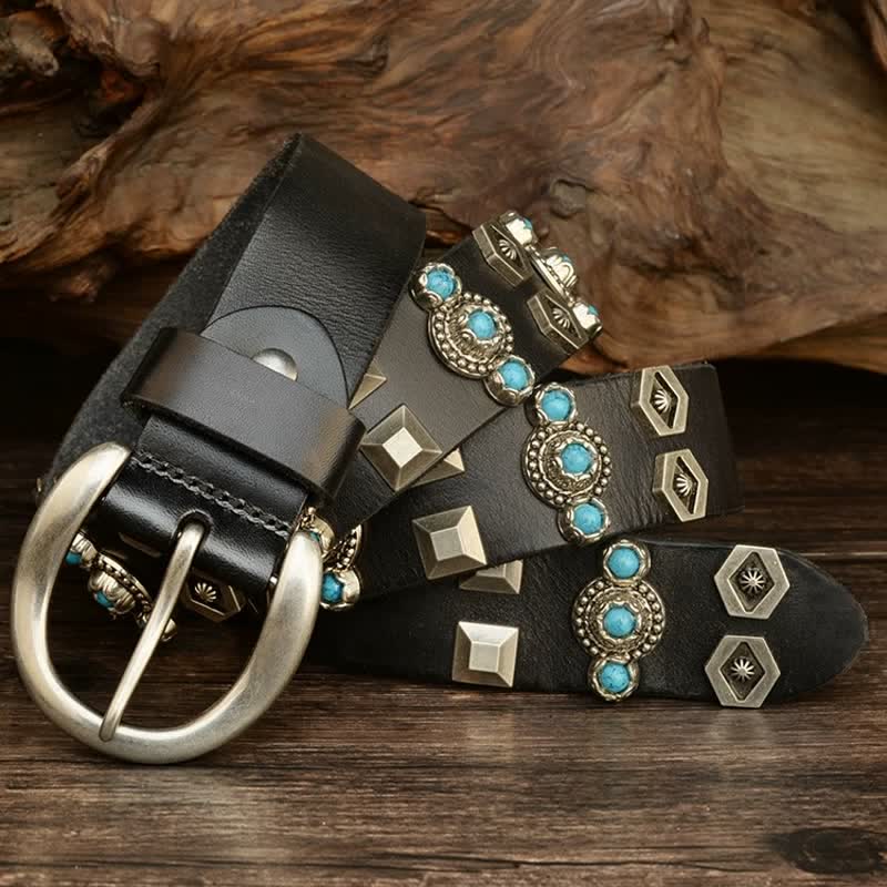 Cintura in pelle con borchie geometriche colore turchese, elegante