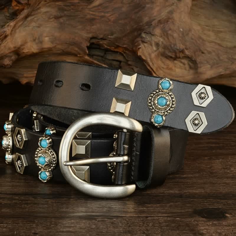 Cintura in pelle con borchie geometriche colore turchese, elegante