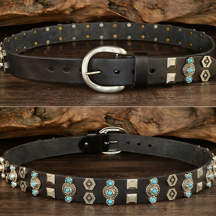Cintura in pelle con borchie geometriche colore turchese, elegante