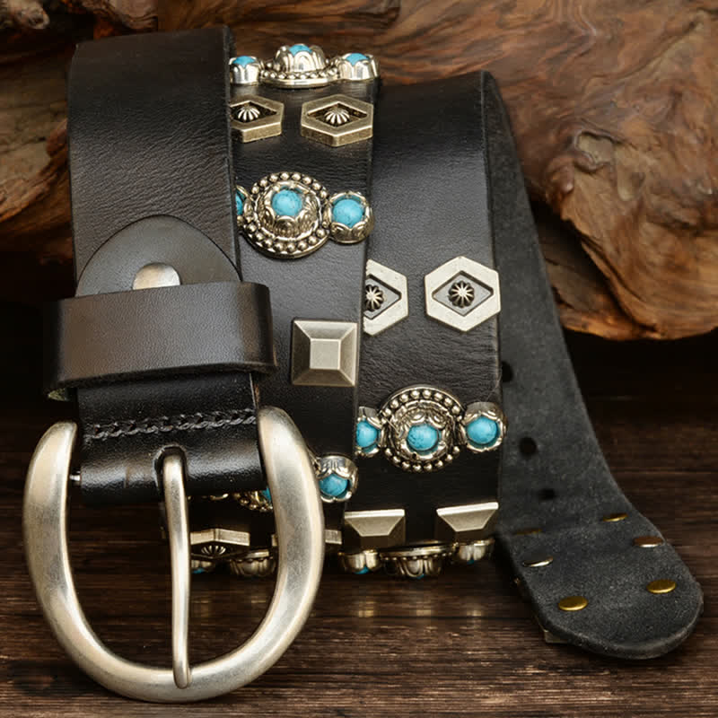 Cintura in pelle con borchie geometriche colore turchese, elegante