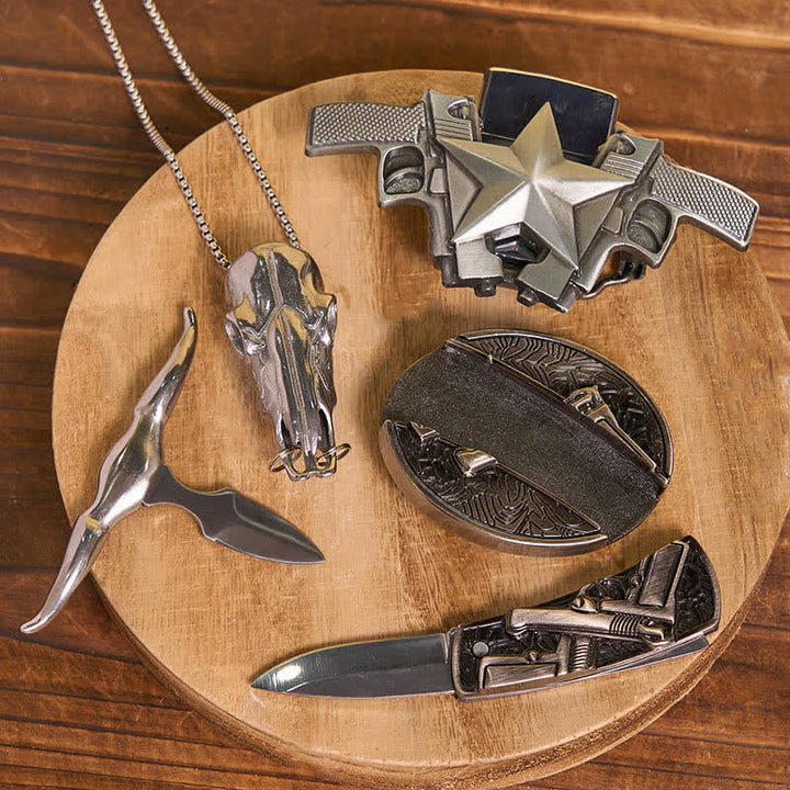 Set fai da te con doppia pistola, coltello nascosto, chiusura per cintura, ciondolo a forma di toro e accendino a cherosene