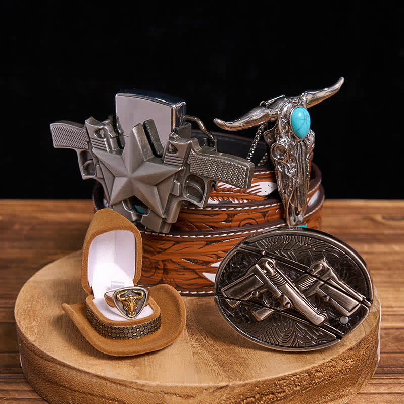Set di ciondolo toro turchese fai da te con pistola, coltello nascosto, fibbia per cintura, anello e accendino.