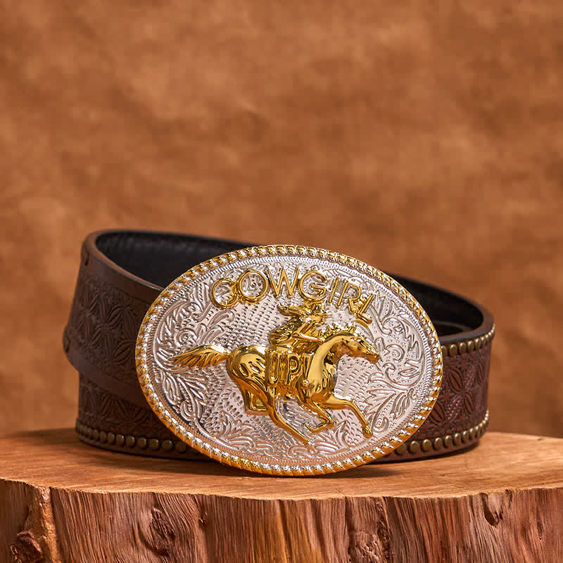 Cintura in pelle con fibbia per equitazione fai da te in oro e argento, stile cowgirl
