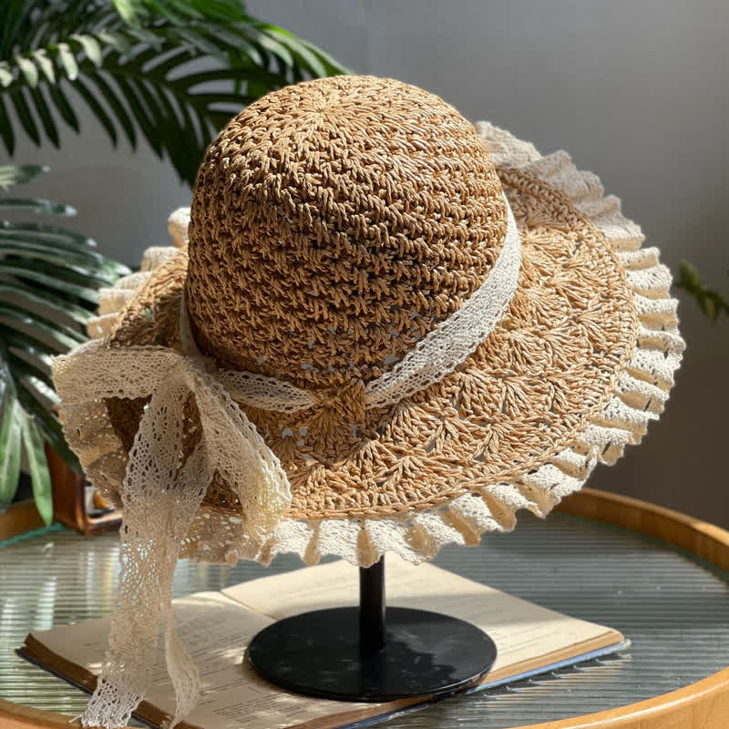 Cappello di paglia pieghevole estivo con bordo in pizzo e fiocco cavo da donna