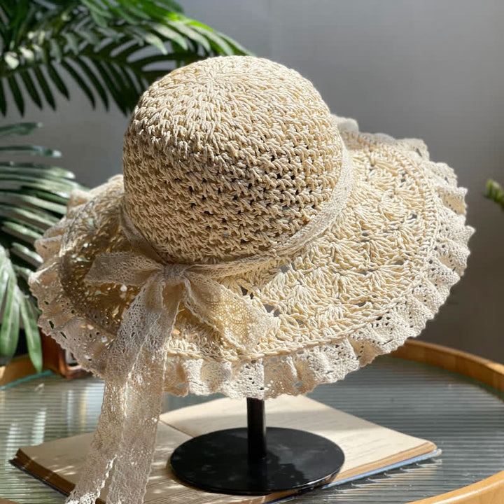 Cappello di paglia pieghevole estivo con bordo in pizzo e fiocco cavo da donna
