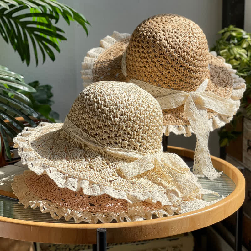 Cappello di paglia pieghevole estivo con bordo in pizzo e fiocco cavo da donna