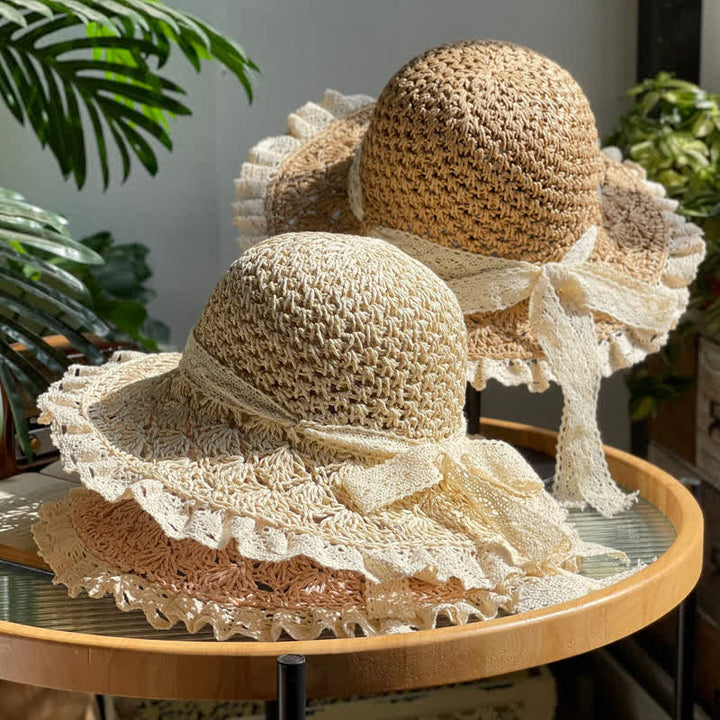 Cappello di paglia pieghevole estivo con bordo in pizzo e fiocco cavo da donna