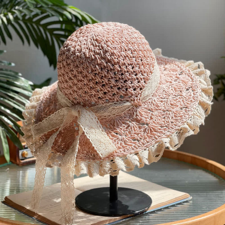 Cappello di paglia pieghevole estivo con bordo in pizzo e fiocco cavo da donna