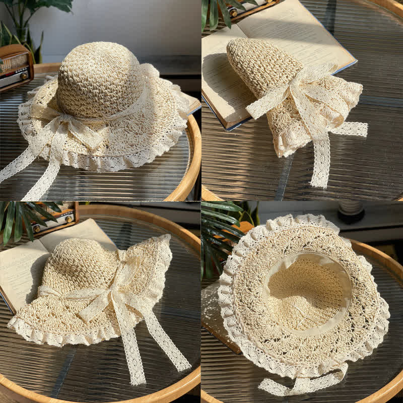 Cappello di paglia pieghevole estivo con bordo in pizzo e fiocco cavo da donna