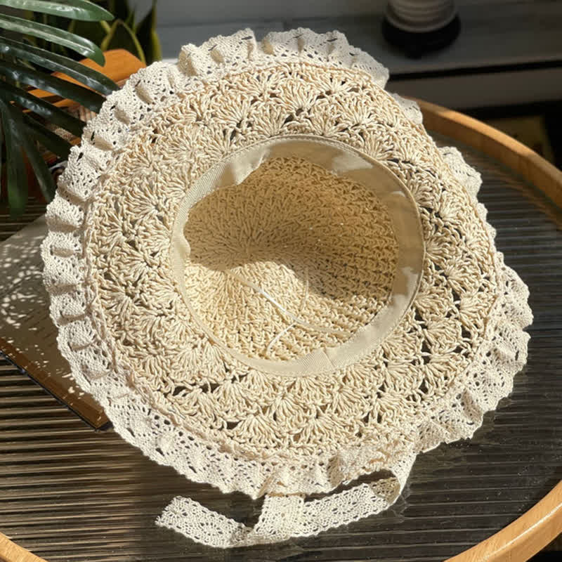 Cappello di paglia pieghevole estivo con bordo in pizzo e fiocco cavo da donna