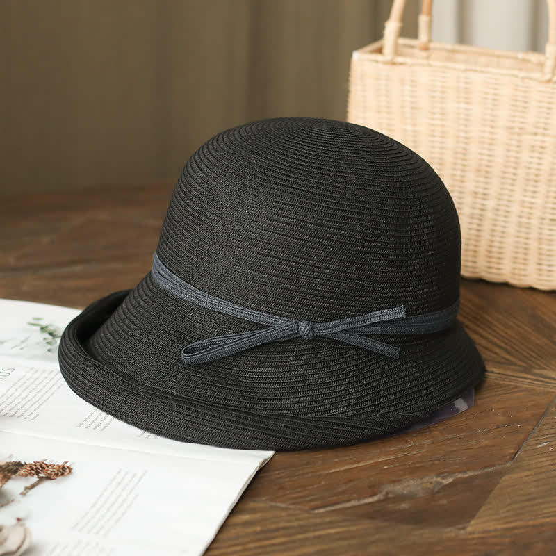Cappello di paglia pieghevole con tesa arrotolata in stile semplice da donna