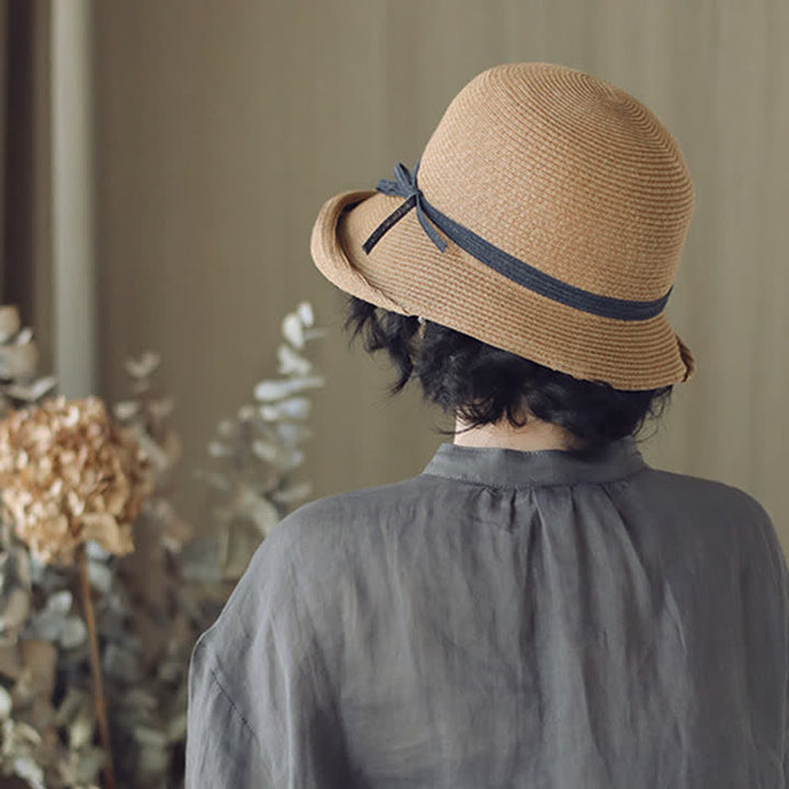Cappello di paglia pieghevole con tesa arrotolata in stile semplice da donna