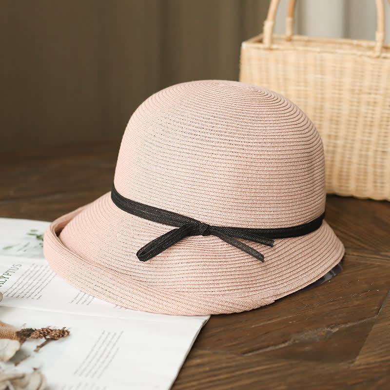 Cappello di paglia pieghevole con tesa arrotolata in stile semplice da donna